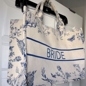 Beautiful Bride Tote Bag with Elegant Blue Floral Stitching
